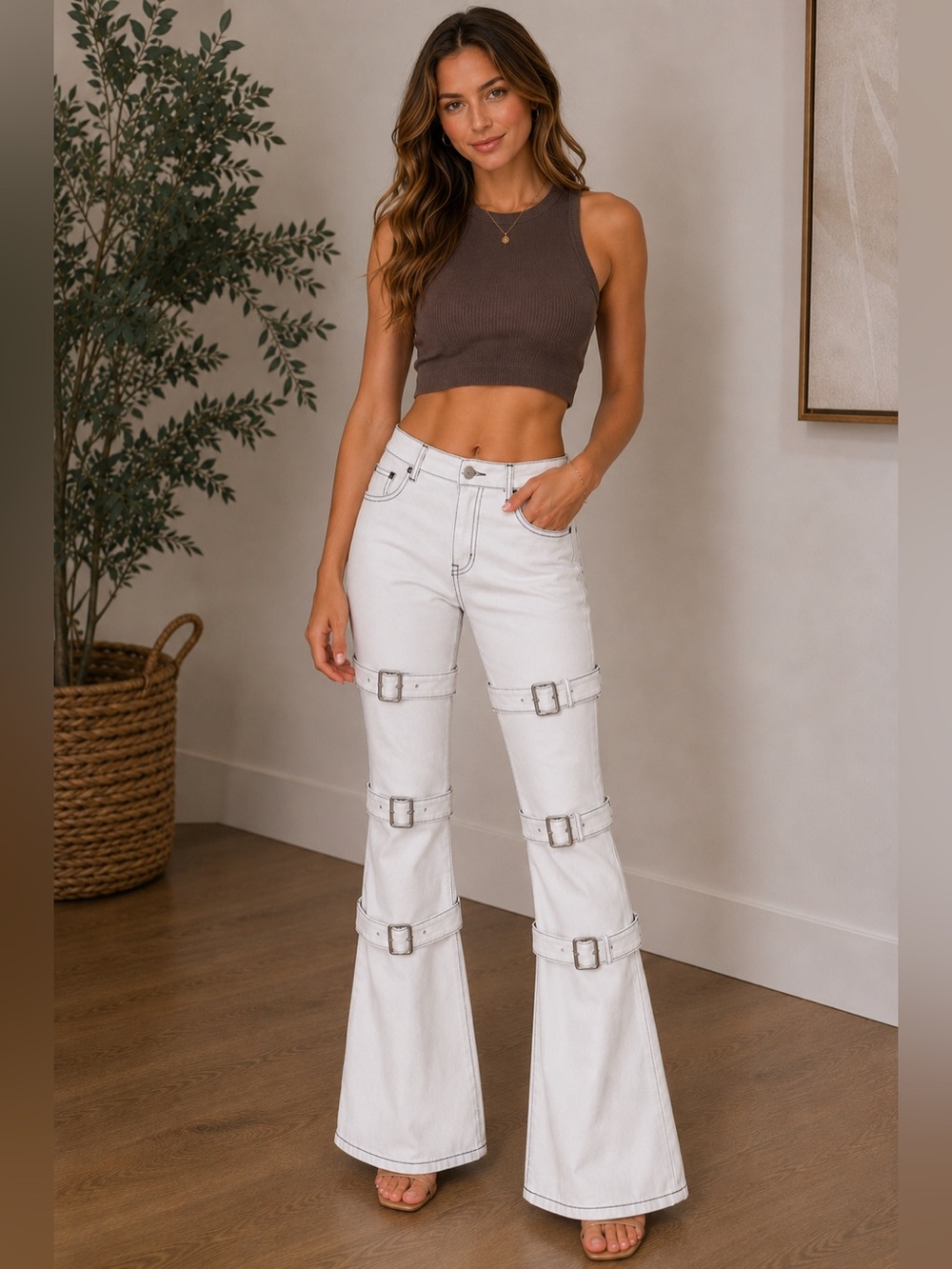 Cotton Citizen White Buckle Flare Jeans Size 25 Made in USA Y2K Statement NWT